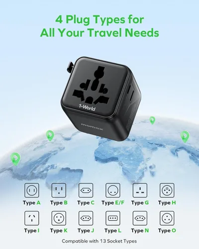 Vista 5 de MOMAX Mini Adaptador Universal de Viaje Mundial, 2 AC, Adaptador de Enchufe de Viaje Europeo Completo Reino Unido, Elementos Esenciales de Viaje