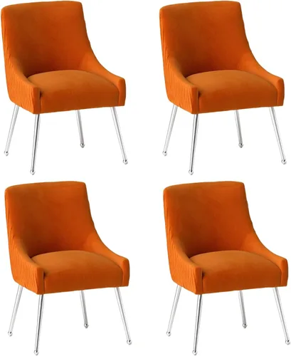 Vista 22 de Sillas de comedor de estilo moderno de terciopelo tapizado, silla de acento de tocador con barra vertical, silla capitonada con patas plateadas