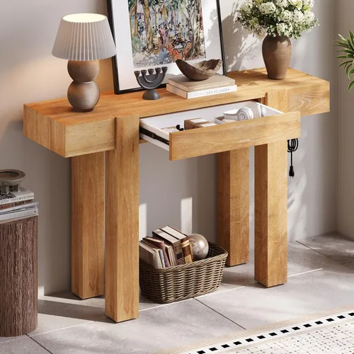 Vista 12 de Mesa de consola de entrada, sofá largo estrecho para pasillo, mesa de vestíbulo detrás del sofá, retro con cajón oculto, toma de corriente lateral