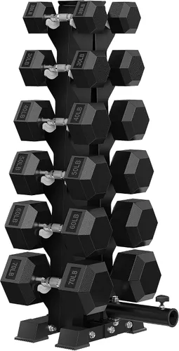 Vista 17 de HANDBODE Juego de mancuernas hexagonales recubiertas de goma con estante de marco en A, 100 libras - 600 libras, múltiples opciones