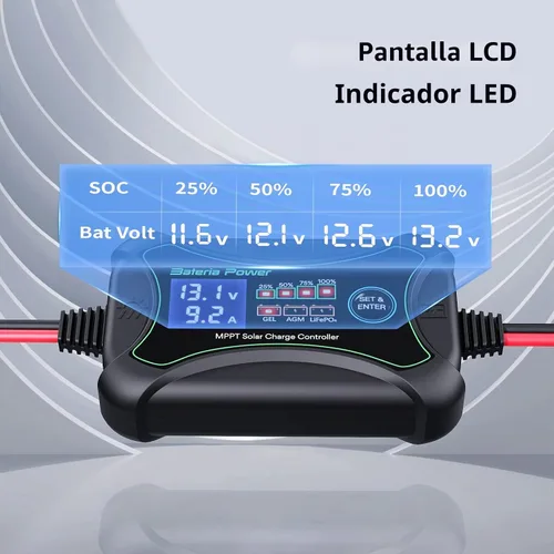 Vista 4 de Bateria Power Controlador de carga solar MPPT de 10 amperios y 12 voltios, controlador de panel solar portátil inteligente, regulador solar