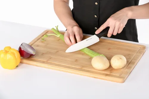 Vista 7 de Orgánic Bamboo [Heim Concept] Tabla de cortar de bambú y bandeja para servir con ranuras para gote, extragrande