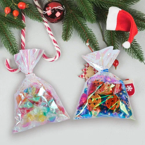 Vista 5 de HRX Package 100 piezas de pequeñas bolsas de celofán iridiscentes con lazos, 4x6 pulgadas bolsas de plástico holográficas para dulces, pop cakes