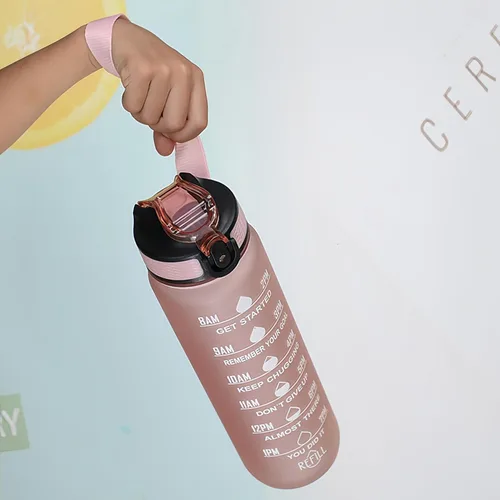 Vista 5 de Botella de agua de 33.8 fl oz, a prueba de fugas, libre de BPA y tóxicos, botella deportiva motivacional con tiempos para beber y pajita, fitness