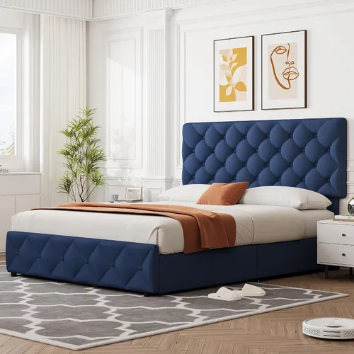 Vista 6 de GarveeHome - Base de cama tamaño Full con 4 cajones de almacenamiento, base de cama tapizada en lino con plataforma y cabecera ajustable, diseño