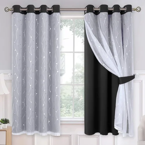 Vista 10 de BGment Cortinas de oscurecimiento de habitación con superposición transparente, cortinas de tul estampado plateado de doble capa para sala de estar