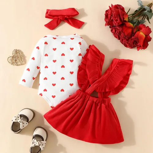 Vista 24 de My First Valentine's Day - Conjunto de ropa para bebé niña con volantes, manga larga, estampado de corazón, falda con tirantes