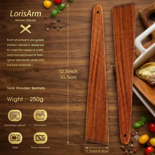 Vista 4 de LorisArm Espátula de madera de teca de 12 ″, espátula de cocina, espátula de huevo, espátula de madera plana, utensilio de cocina de madera, aleta