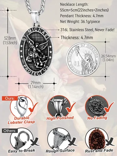 Vista 5 de FaithHeart Collar de San Miguel, acero inoxidable, chapado en oro de 18 quilates, amuleto colgante de San Miguel Arcángel para hombres y mujeres