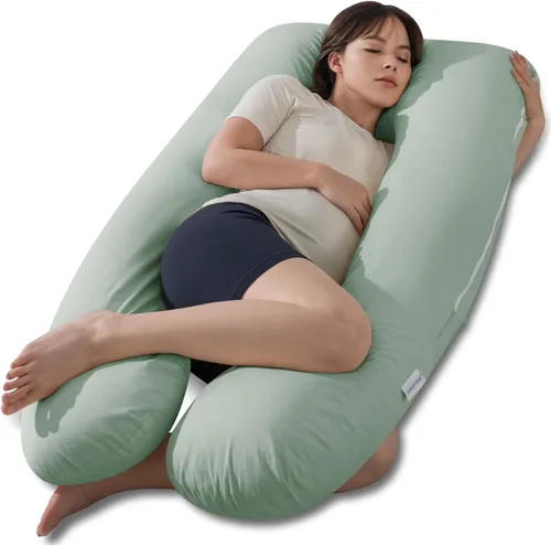 Vista 9 de QUEEN ROSE - Almohadas corporales refrescantes para embarazo, sedosas, en forma de U, tamaño de 55 pulgadas, para dormir, alivio del dolor de Azul