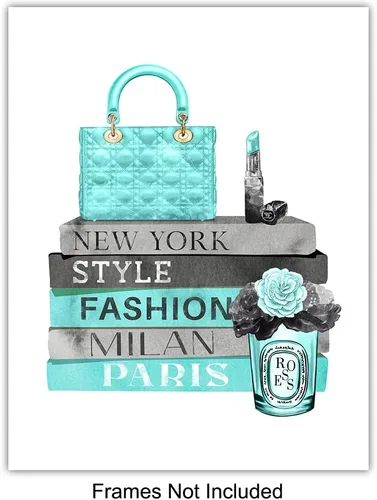 Vista 3 de Arte de pared glam azul - Perfume de diseñador, zapatos, bolsos - Regalo de diseño de alta moda para fashionista - Decoración de pared de lujo