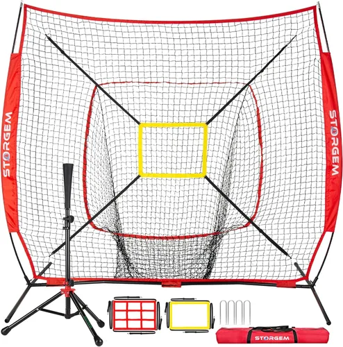 Vista 11 de Storgem Baseball and Softball Practice Net 7×7ft Portable Hitting Pitching Batting Training Net Baseball Backstop Net with Batting Tee and Strike