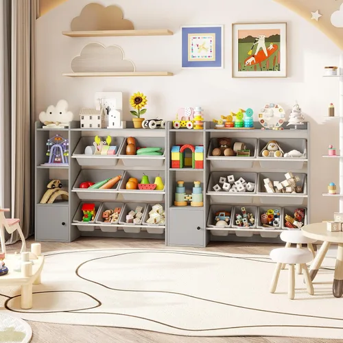 Vista 9 de HONEY JOY Organizador de almacenamiento de juguetes para niños, armario de madera de 44 pulgadas de largo con 8 contenedores extraíbles, estantes
