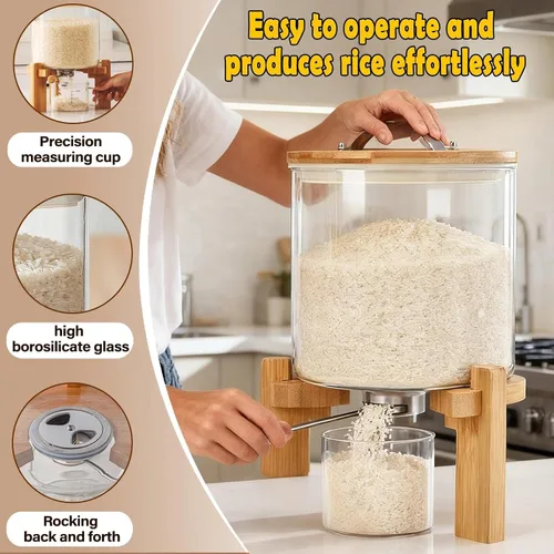 Vista 4 de Dispensador de arroz de vidrio, dispensador de cereales con taza medidora de vidrio y tapa hermética. Dispensador de almacenamiento de arroz de 5