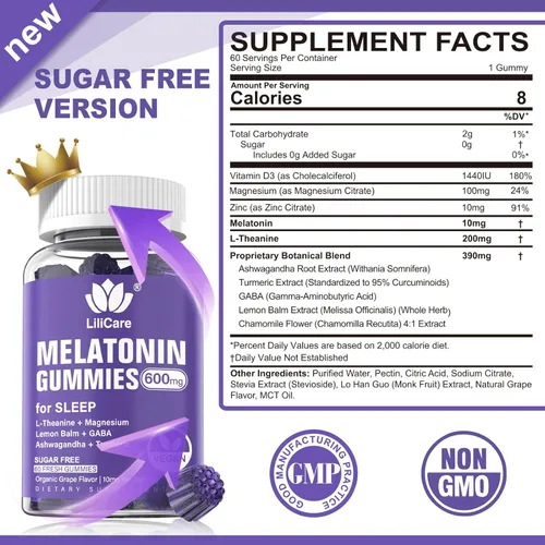 Vista 2 de Gomitas de melatonina de 10 mg 20 mg para adultos sin azúcar, extra fuerte con L-teanina, Ashwagandha, magnesio, cúrcuma, GABA, bálsamo de limón