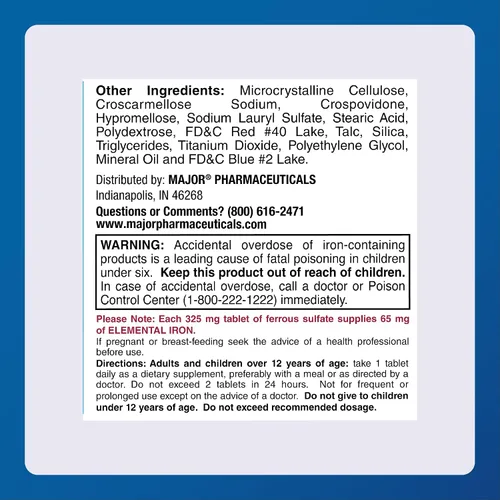 Vista 6 de Major Ferosul - Tabletas de sulfato ferroso de 325 mg con 65 mg de hierro elemental, suplemento de hierro para mujeres, hombres, rojo, 100