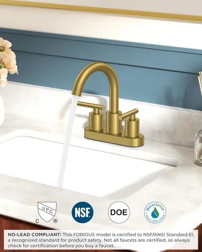 Vista 5 de FORIOUS Grifo de lavabo de baño de oro cepillado de 4 pulgadas, 2 agujeros