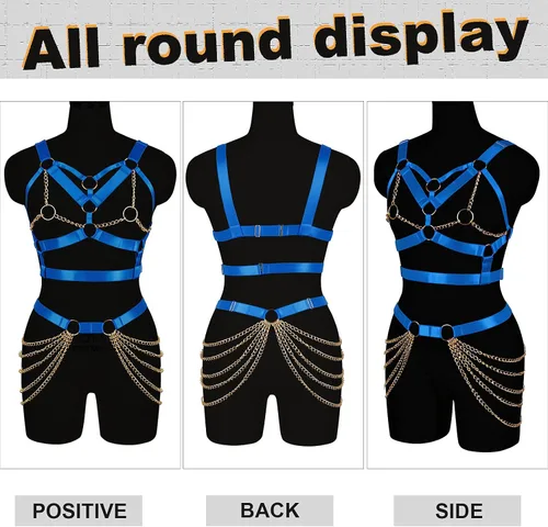 Vista 5 de Sujetador de arnés corporal para mujer, cinturón de liga punk, elástico ajustable, brasier de cadena de metal, baile, carnaval, accesorios