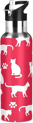 Vista 8 de Insulated Stainless Steel Water Bottle with Straw 32 Oz, Leakproof Water Bottles for Gym Outdoor Travel School, White Cat Paw Prints Red