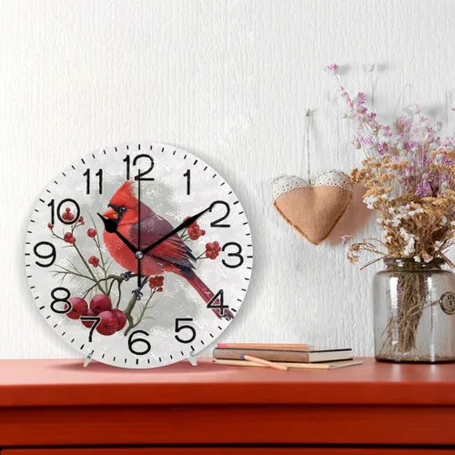 Vista 2 de ALAZA Reloj de pared cardenal de pájaro rojo de invierno, funciona con pilas, sin tictac, de cuarzo, analógico, rústico, rústico, reloj redondo