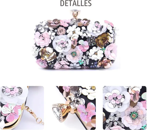 Vista 5 de Bolso de mano con flores para mujer, con cadena, para la noche, bolso de hombro Negro