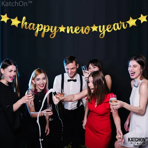 Vista 7 de KatchOn, Pancarta de Feliz Año Nuevo de Oro Brillante - 3.05 metros, Pre - Enhebrado Telón de Fondo de Feliz Año Nuevo para Decoraciones de Año