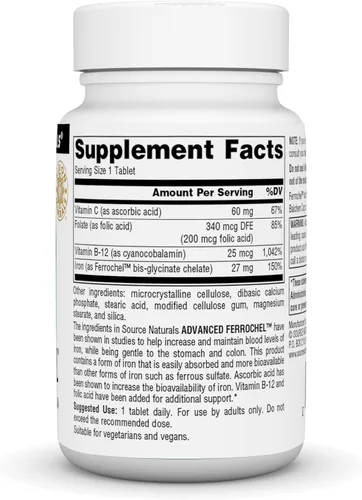 Vista 3 de Source Naturals Ferrochel avanzado, 90 comprimidos veganos Suplemento de hierro biodisponible Producción de 27 mg de hierro Suave
