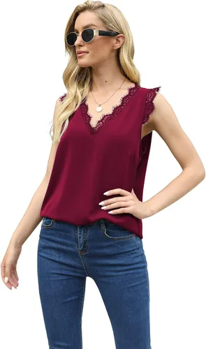 Vista 252 de VIISHOW - Camiseta sin mangas, sexy, con cuello en V y bordes de encaje para mujer, camisola de vestir, camisas de gasa, sin mangas, casuales