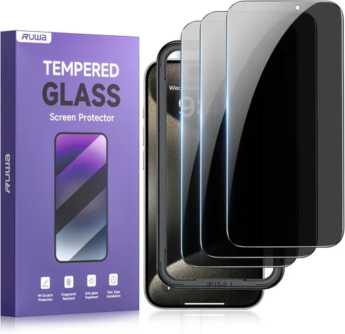 Vista 15 de Protector de pantalla de privacidad Ruwa para iPhone 14 Pro Max [Pack de 3] [17 cm] Película de vidrio templado para pantalla con marco