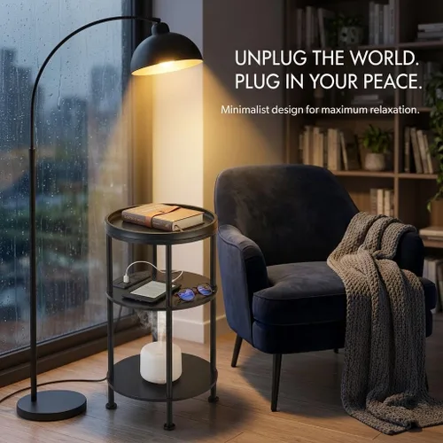 Vista 4 de Mesa auxiliar redonda pequeña con estación de carga para espacios pequeños, mesa decorativa de 3 niveles con puertos USB y tomas de corriente, mesa