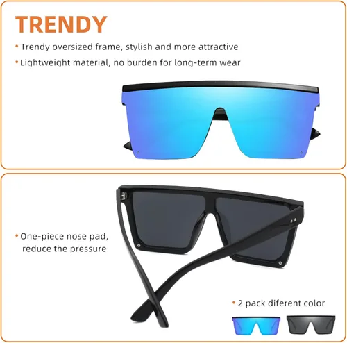 Vista 5 de OCERAVE 2 pares de gafas de sol cuadradas con parte superior plana para mujeres y hombres grandes tonos sin montura de gran tamaño grandes con espejo