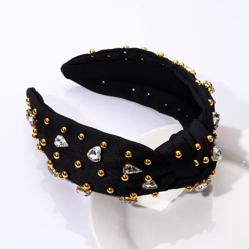 Vista 6 de Diademas anudadas de cristal para mujer, diademas brillantes con diamantes de imitación, cuentas doradas anchas adornadas, accesorios para el Negro