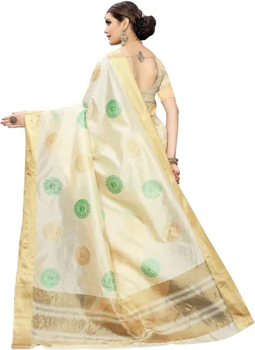 Vista 4 de Mithila Root Sari tradicional tejido de seda de poliéster de algodón para mujer india con blusa sin coser