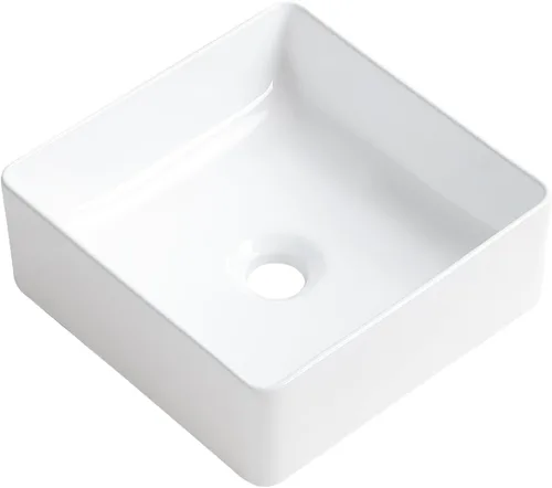 Vista 4 de Lavabo pequeño para baño tipo vasija 11.8"x11.8" pulgadas cuadrado, lavabo de baño de cerámica blanca, lavabos de baño modernos sobre encimera