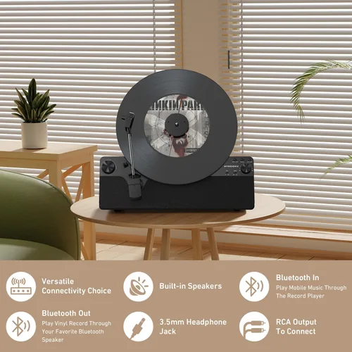 Vista 4 de Tocadiscos Automático Vertical Bluetooth, MYKESONIC Tocadiscos de Vinilo con Transmisión por Correa, Cartucho Magnético AT-3600L, Entrada y Salida