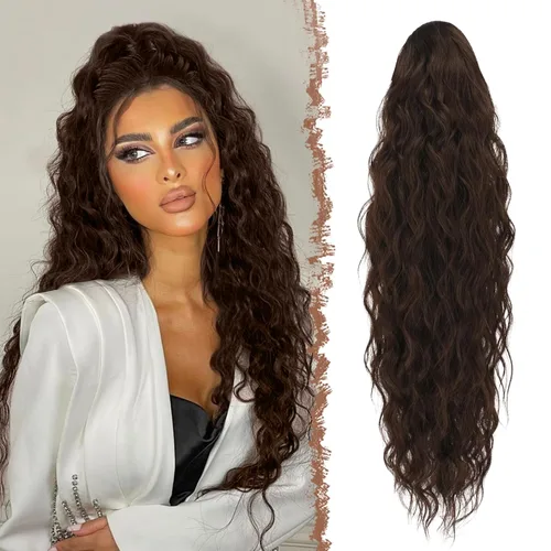 Vista 13 de FESHFEN Extensiones de cola de caballo – 26 pulgadas cordón largo rizado ondulado clip en colas de caballo pelo sintético extensiones de cola