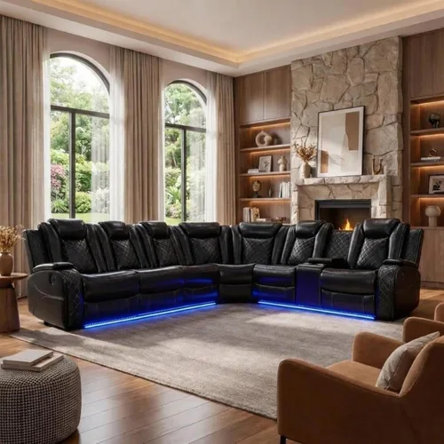 Vista 13 de Sofá Seccional Reclinable Eléctrico de Cuero Blanco Crema, Mueble Sala Cine en Casa con Iluminación LED, Consola Almacenamiento, Portavasos y Carga