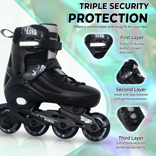 Vista 4 de MammyGol Patines en línea ajustables para niños, jóvenes y adultos, todas las ruedas se iluminan, patines de ruedas con cuchillas para interiores