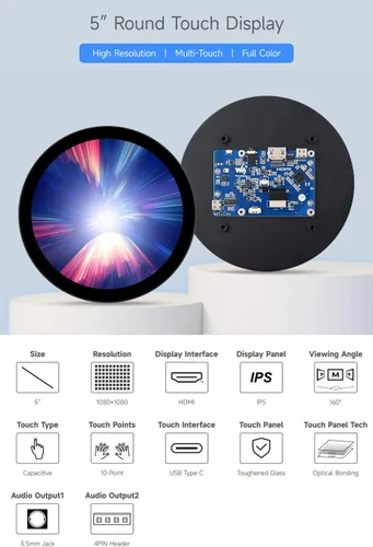 Vista 3 de waveshare Pantalla táctil redonda HDMI de 5 pulgadas, resolución de 1080 × 1080, IPS, táctil de 10 puntos, compatible con Raspberry Pi