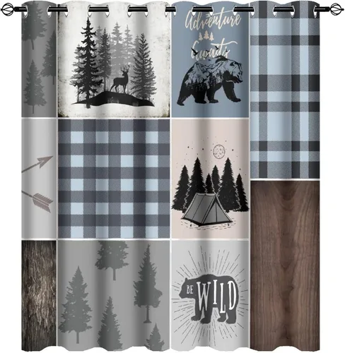 Vista 12 de Cortinas opacas rústicas de cabaña con osos y ciervos - Juego de cortinas de ventana con ojales de temática de granja abstracta, caza, animal