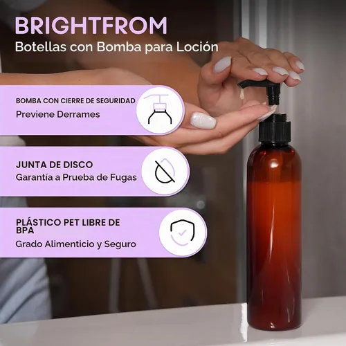 Vista 2 de BRIGHTFROM Botellas con bomba de loción, vacíos de 8 onzas, recipientes de plástico recargables sin BPA, ámbar con dispensador negro para jabón