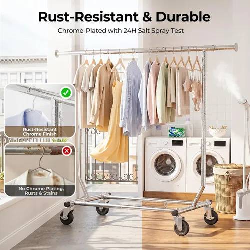 Vista 12 de HOKEEPER Perchero para ropa, percheros enrollables para colgar ropa, perchero portátil con ruedas bloqueables, perchero de ropa resistente de uso