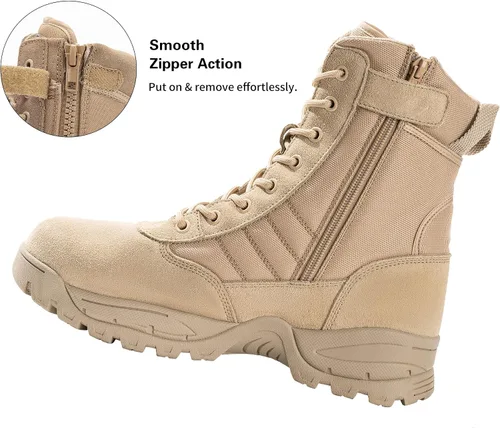 Vista 3 de Botas militares tácticas de trabajo para hombre, de piel negra, impermeables, para motocicleta, combate, militar, con cremallera lateral