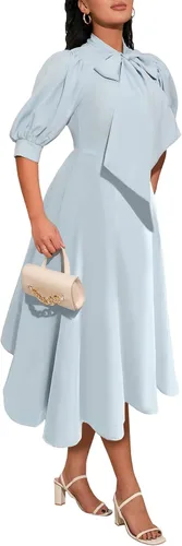 Vista 3 de IWFEV Bowknot manga abullonada vestido de mujer una línea de cintura alta vestido midi vestido liso