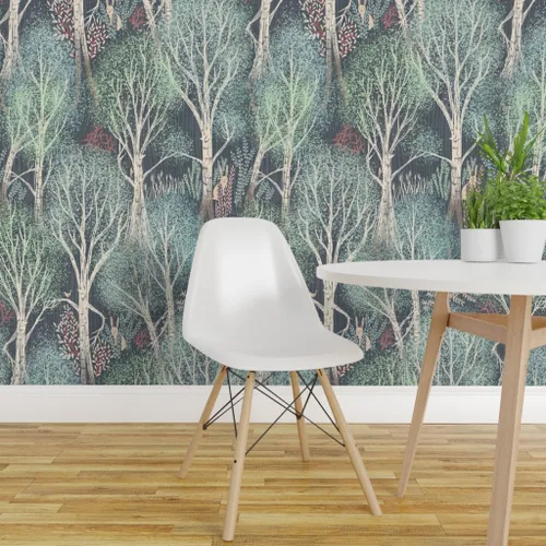 Vista 3 de Spoonflower Fairy Tale Woodland Pre-Pasted Removable Wallpaper Roll 24" x 108" Large Scalehand Drawn Neutral Gray Green Water-activated, simple