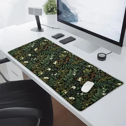 Vista 5 de Alfombrilla de mouse negra estética vintage para juegos botánicos, extendida, bonita planta verde bosque, naturaleza, floral, grande