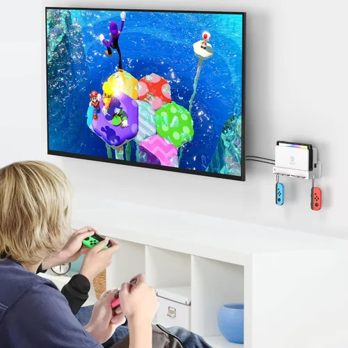 Vista 4 de SOKUSIN Wall Mount for Nintendo SwitchOLED - Wall Mount Kit Shelf Stand for Safely Store Your Console, Dock, Games, Controller NearBehind TV (White)