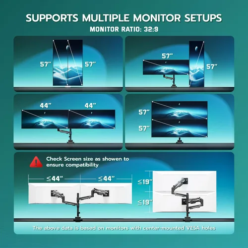 Vista 7 de ARES WING Soporte vertical para monitor doble, brazos de monitor de aluminio resistente de 24-57 pulgadas para 2 monitores, soporte de monitor