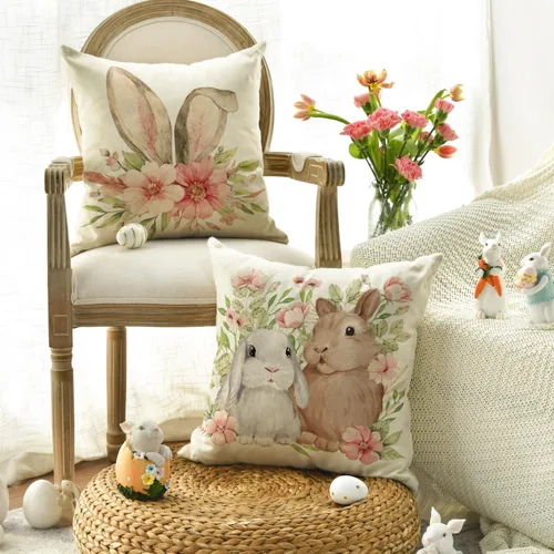 Vista 3 de AVOIN colorlife Juego de 4 fundas de cojín de Pascua con diseño de búfalo y flor de conejo de Pascua Be Hoppy Bule, 18 x 18 pulgadas, diseño