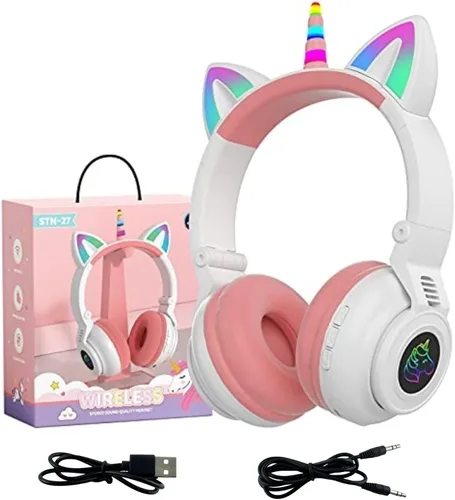 Vista 12 de Auriculares de unicornio para niñas, auriculares Bluetooth de unicornio para niños pequeños, portátil, teléfonos celulares, uso en avión Negro